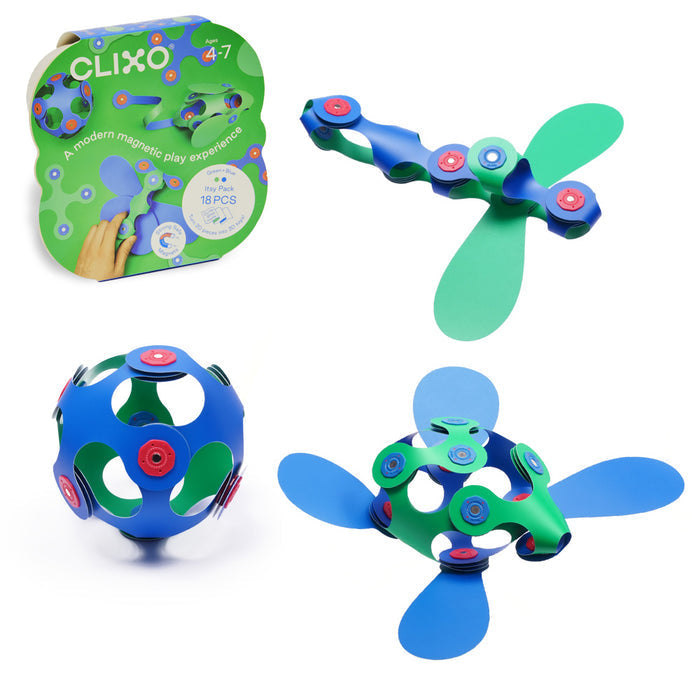 Clixo Itsy Pack GreenBlue – verpakking en bouwvoorbeelden