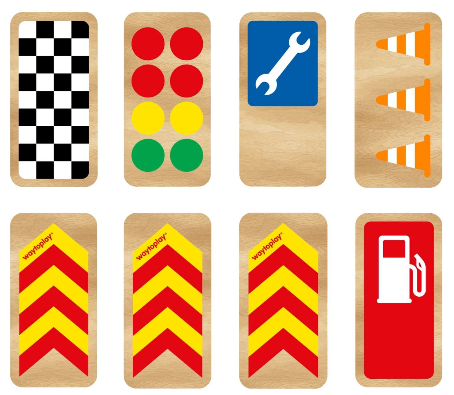 Overzicht van de houten raceborden uit de Waytoplay Race Signs set