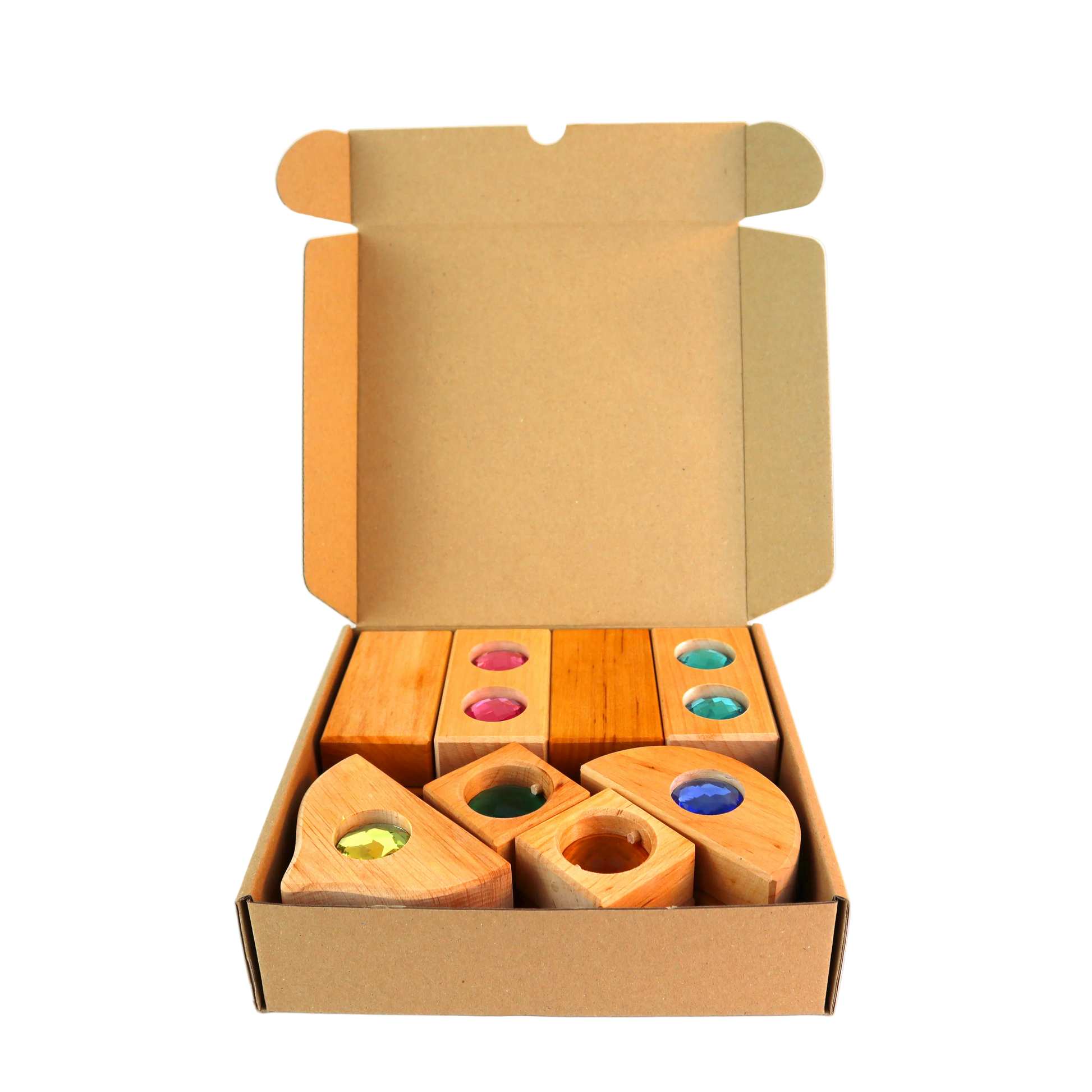 Bauspiel Mini Mixed Box met verschillende houten blokken in diverse vormen en kleuren