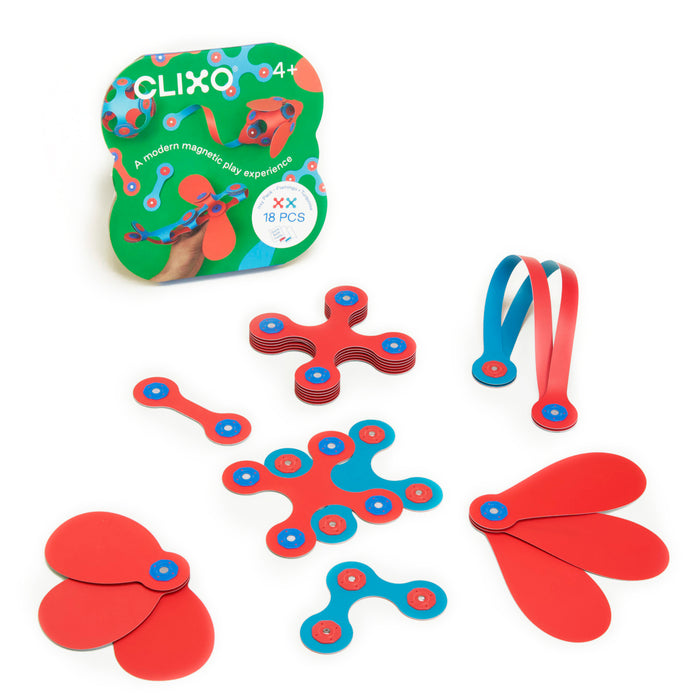 Clixo Itsy Pack Flamingo/Turquoise – verpakking en onderdelen in zes verschillende vormen