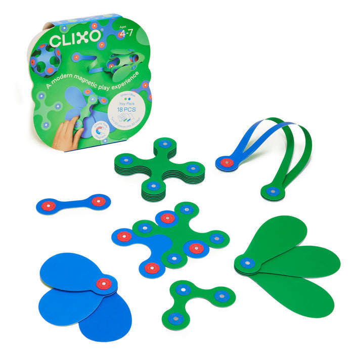 Clixo Itsy Pack Green/Blue – verpakking en onderdelen in zes verschillende vormen