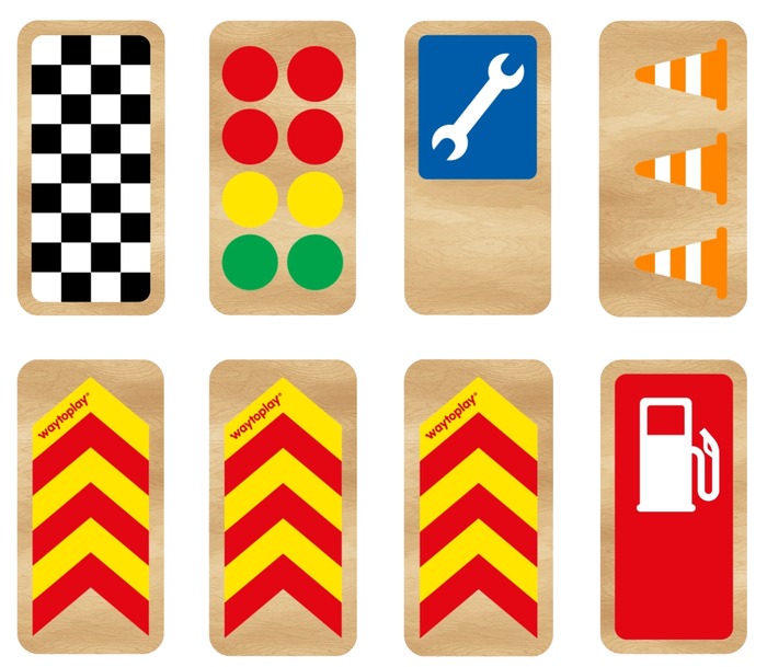De acht houten raceborden uit de Waytoplay Race Signs-set