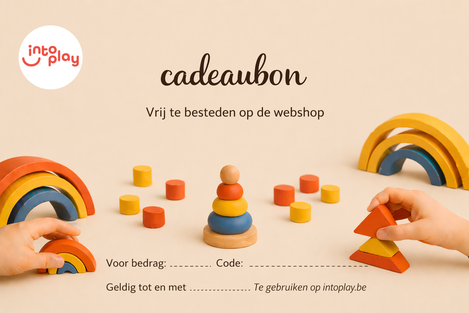 Intoplay cadeaubon digitaal cadeau voor open einde speelgoed met zachte houten sfeer
