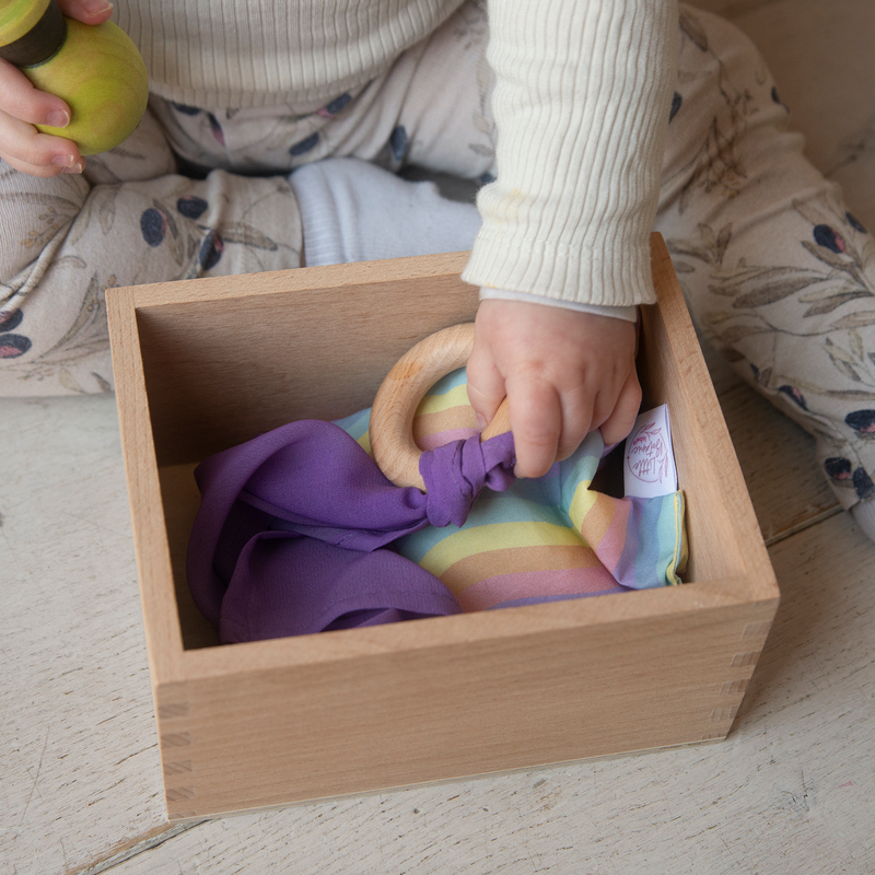 Little Botanic Label Playcycle Speeldoek klein 30cm met Houten Ring Pastelblauw | Sensorisch Speelgoed | Intoplay
