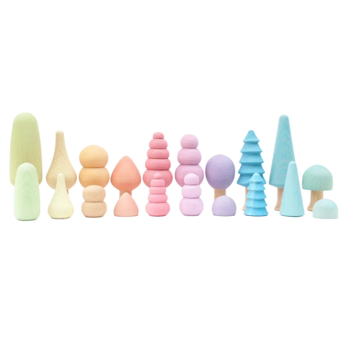 Pastel houten bonsais van Ocamora gesorteerd op kleur