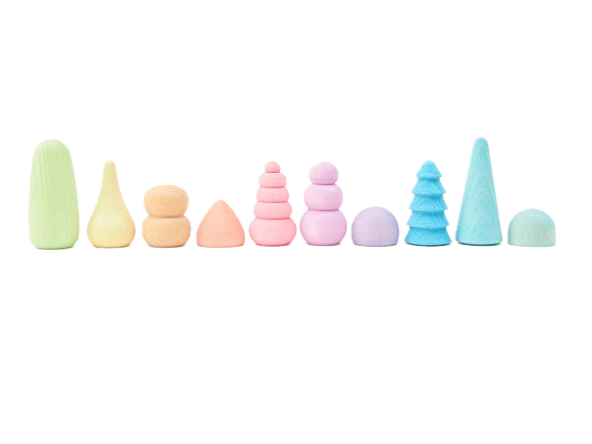 Pastel houten bonsais van Ocamora gesorteerd op kleur