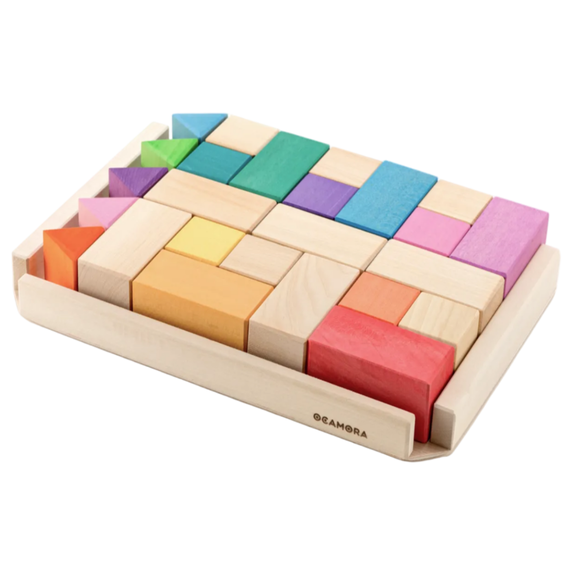 Ocamora Building Set Classic met houten bouwstukken in regenboogkleuren