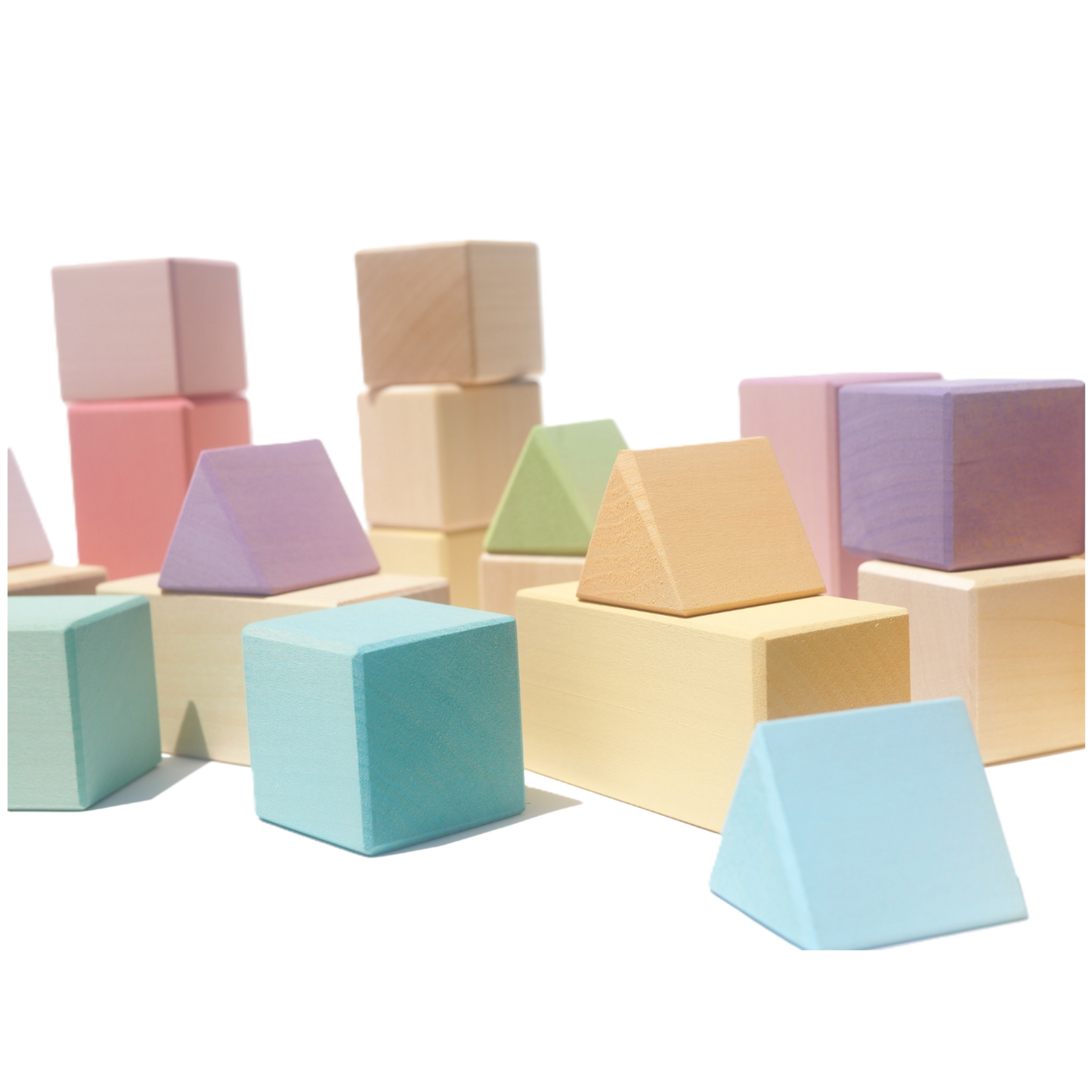 Detail van de Ocamora Building Set Pastel met houten bouwstukken in pastelkleuren
