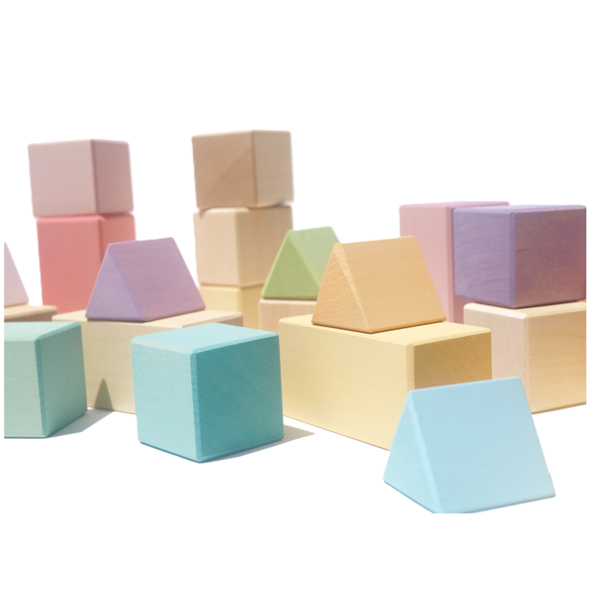 Detail van de Ocamora Building Set Pastel met houten bouwstukken in pastelkleuren