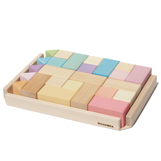 Ocamora Building Set Pastel met houten bouwstukken in zachte pastelkleuren