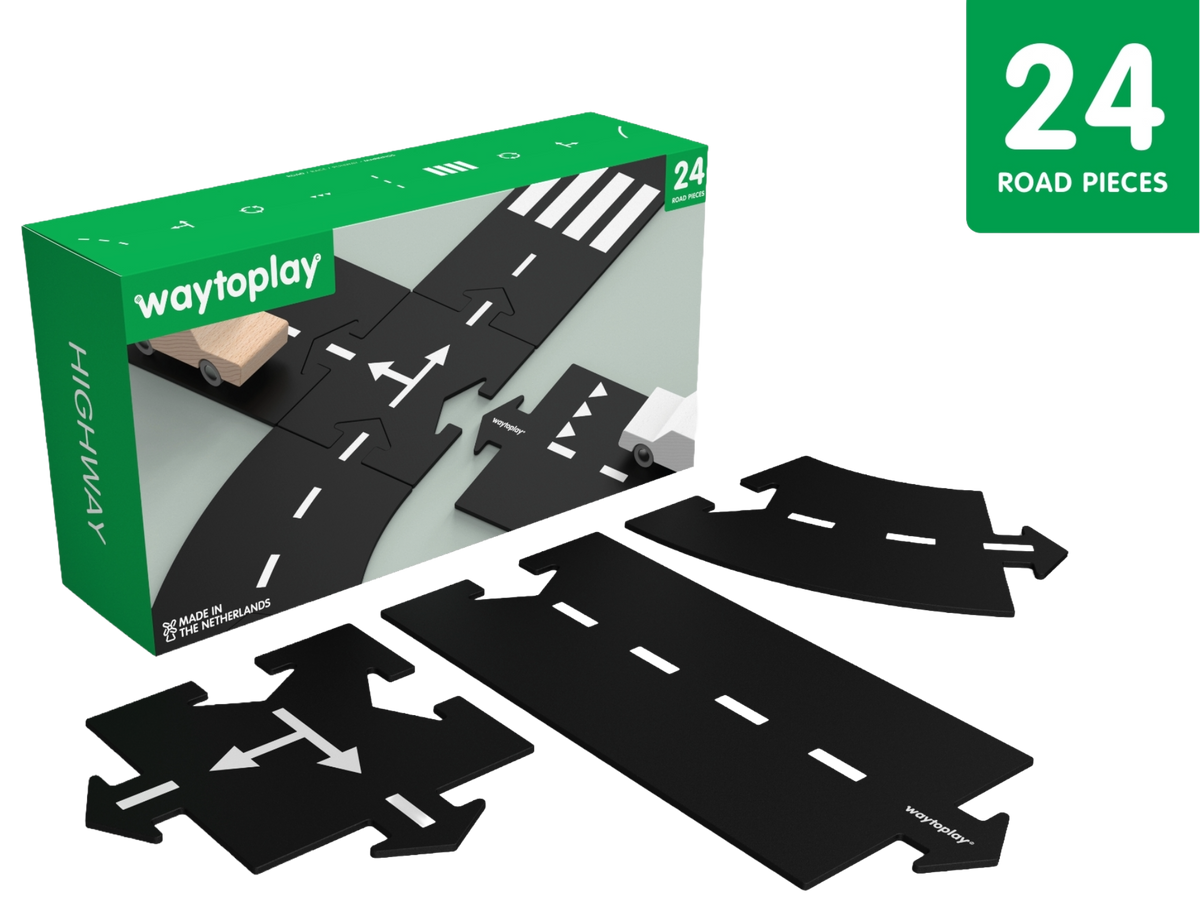 Waytoplay Highway verpakking en inhoud van de 24-delige flexibele wegset