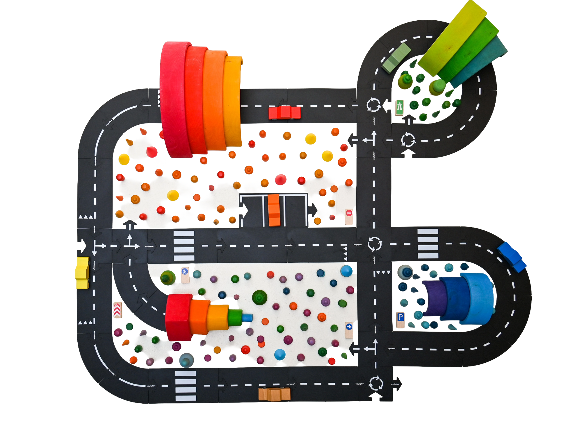 Waytoplay King of the Road gecombineerd met houten regenbogen en open einde speelgoed