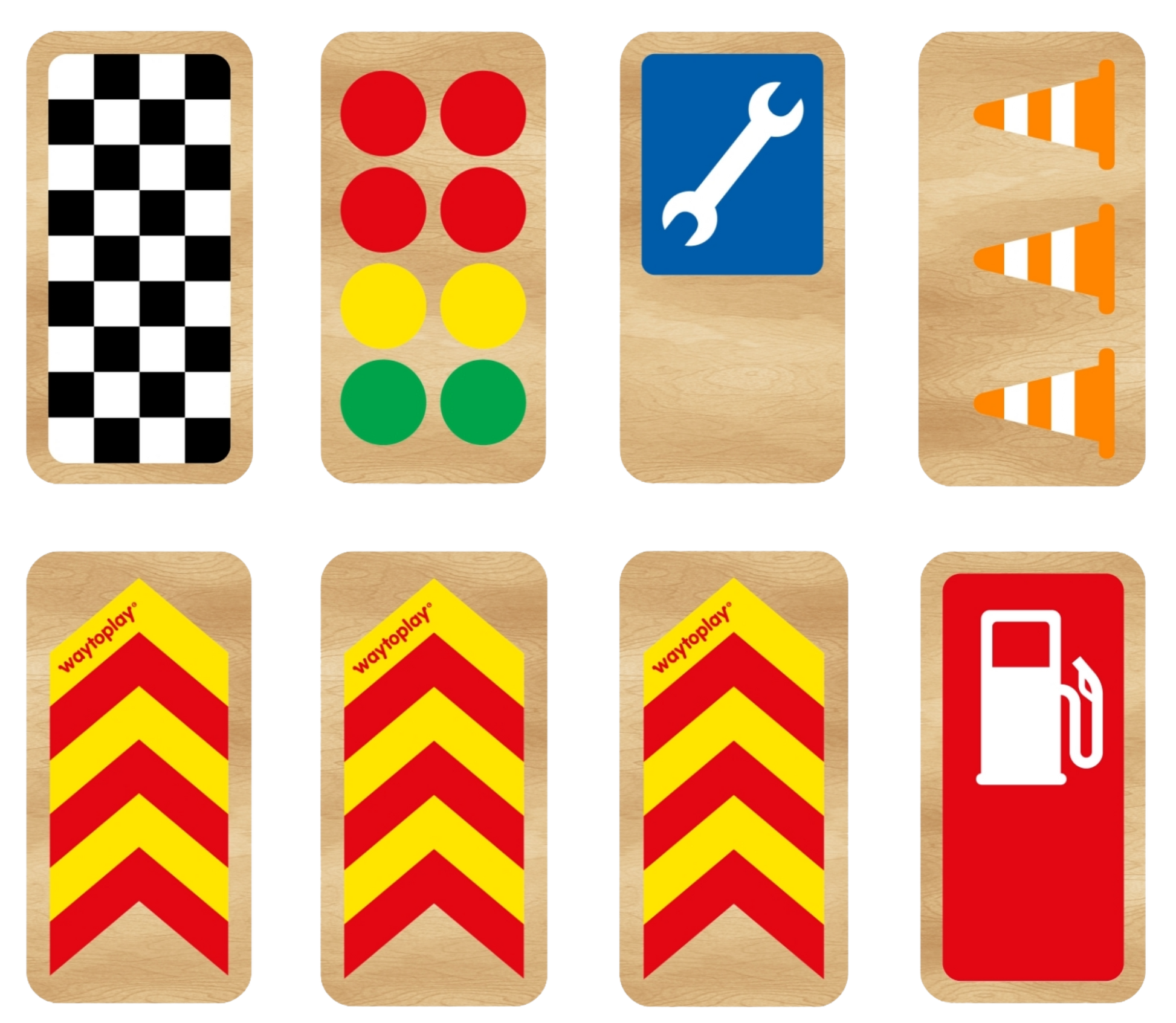 Overzicht van de houten raceborden uit de Waytoplay Race Signs set