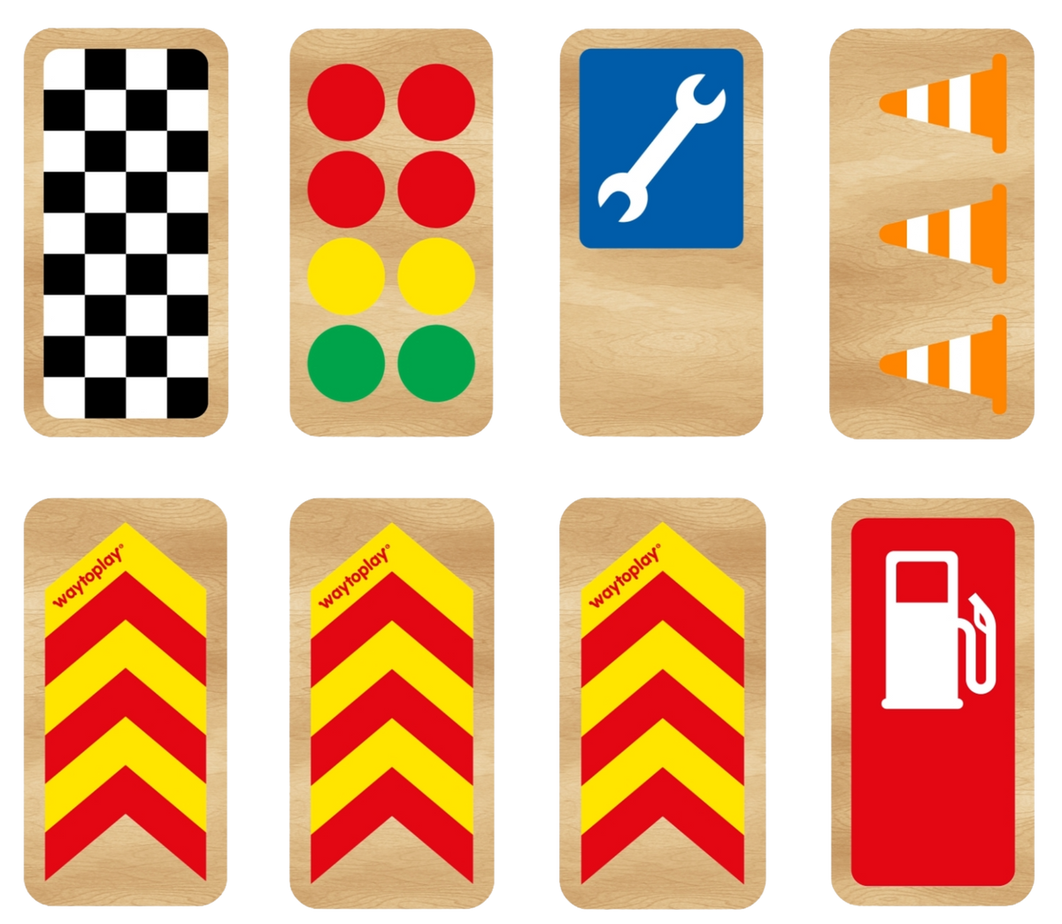 Overzicht van de houten raceborden uit de Waytoplay Race Signs set