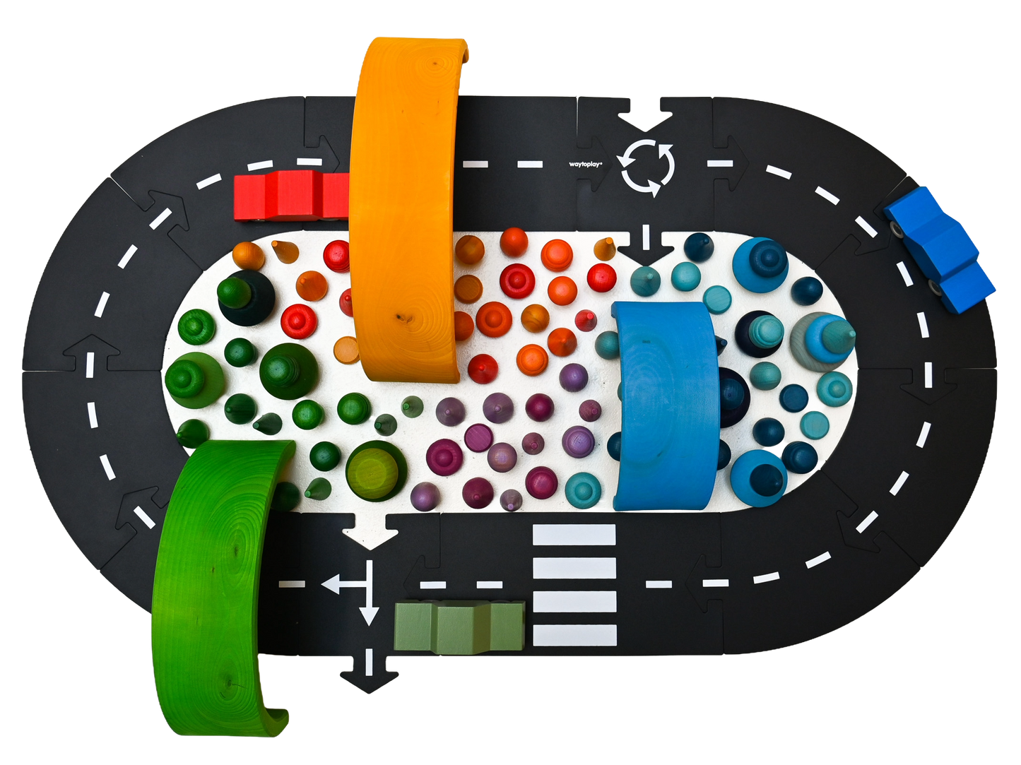 Waytoplay Ringroad autobaan gecombineerd met houten regenbogen en open einde speelgoed