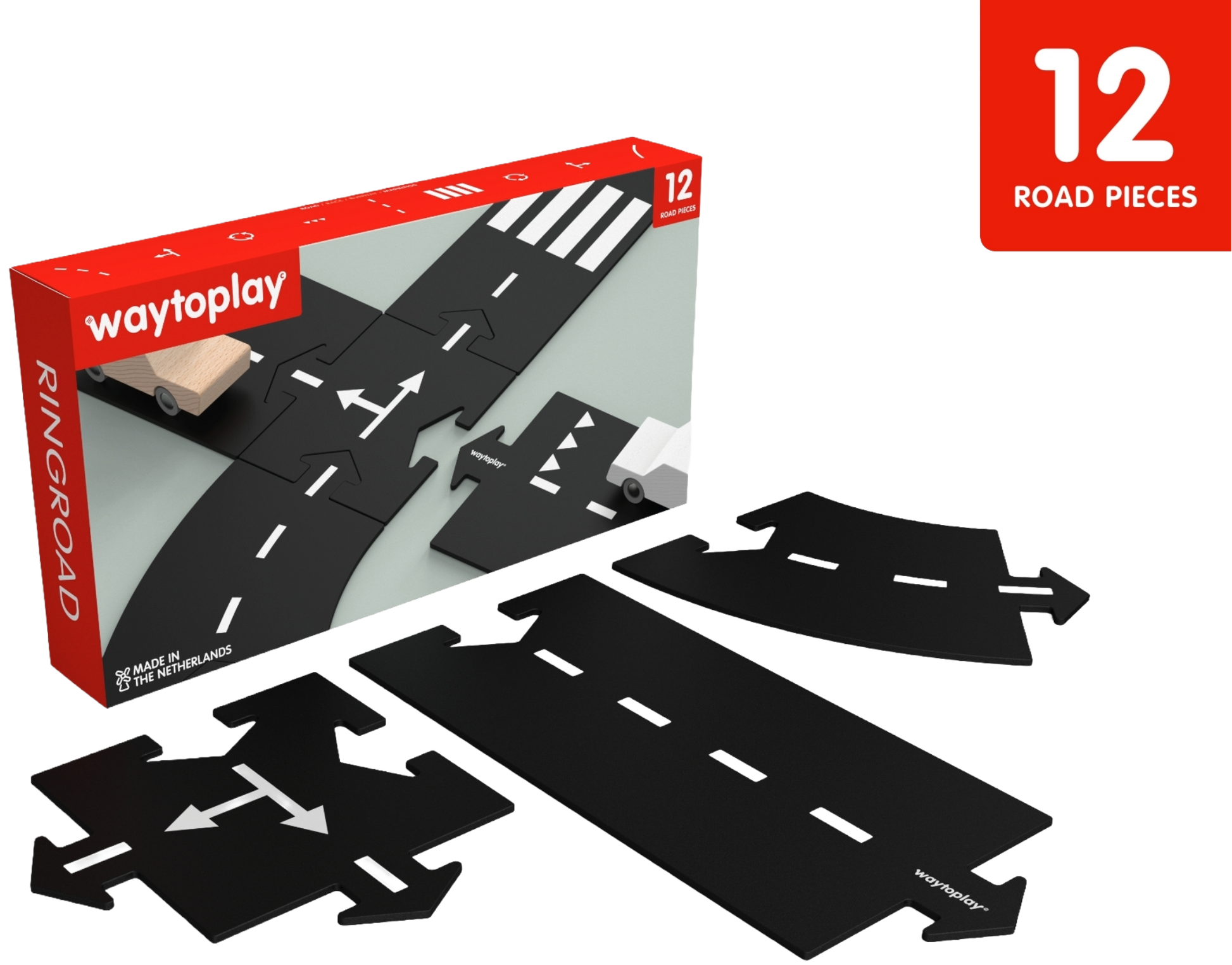Waytoplay Ringroad verpakking en inhoud van de 12-delige flexibele wegset